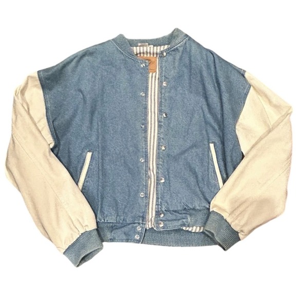 Vintage International Denim Bomber Jacket  Mens L White Sleeves Ribbed Collar - Picture 2 of 6